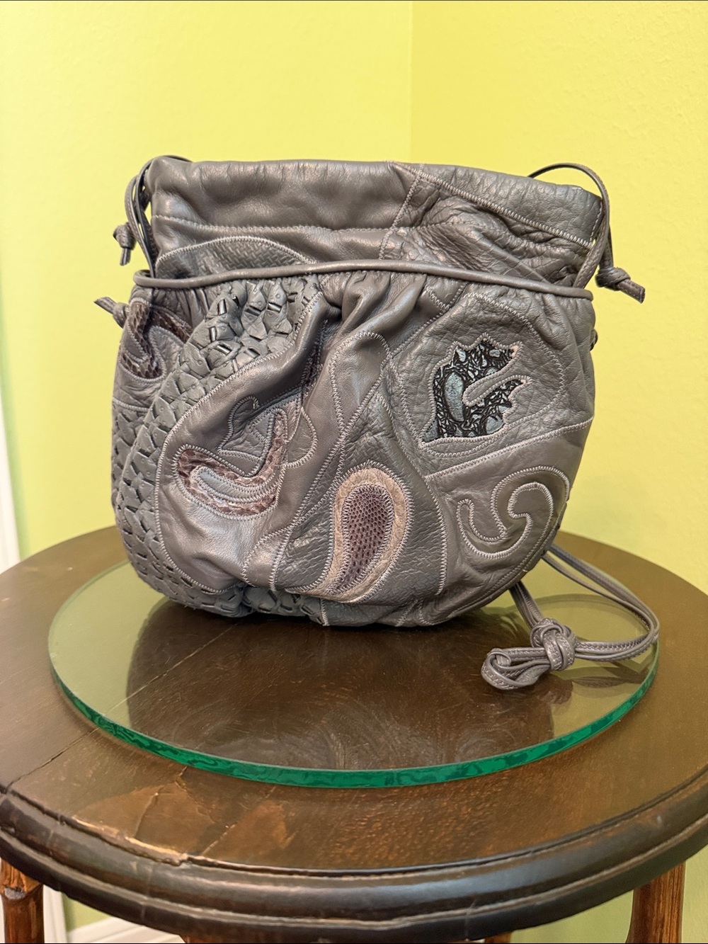 Vintage Gray Leather Crossbody Bag with Snakeskin Detail
